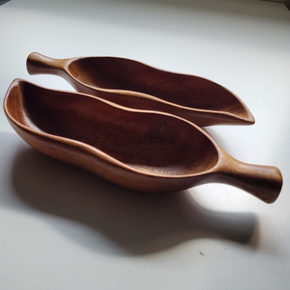 Orobilt VTG MCM Monkey Pod 12x4x2 Wood Set 2 Leaf Fruit Snack Bowl Fall Holidays - Picture 7 of 15